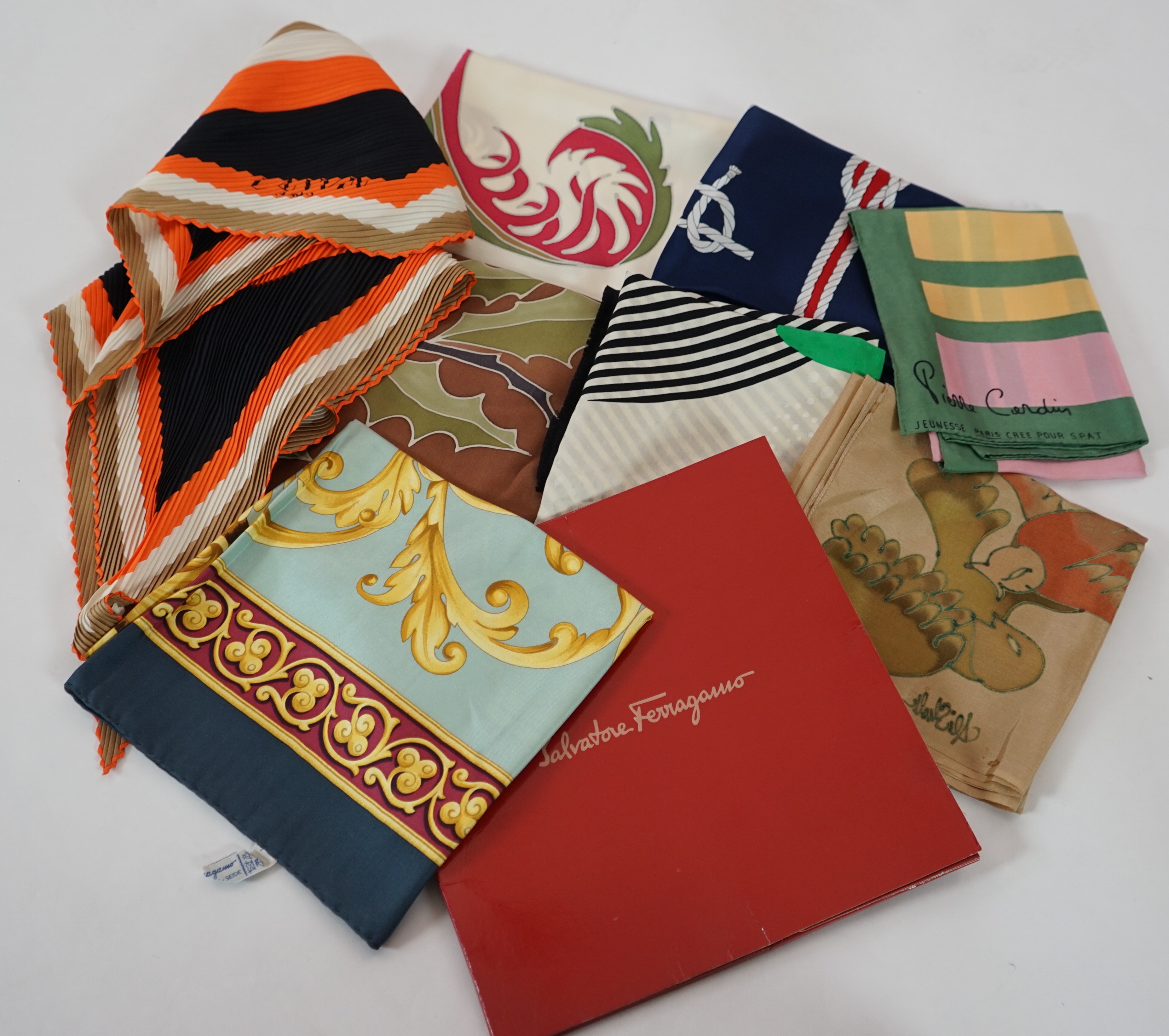 A group of eight silk scarves including Escada, Pierre Cardin, Lanvin, Salvatore Ferragamo and Kreier